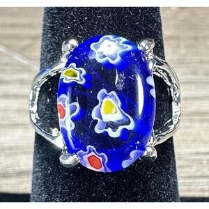 Sterling Silver Blue Millefiori Glass Art Ring Colorful Floral Pattern Sz 6.75